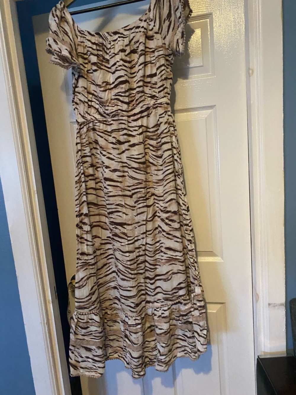 Women’s Off-Shoulder Animal Print Dress in Cream and Brown